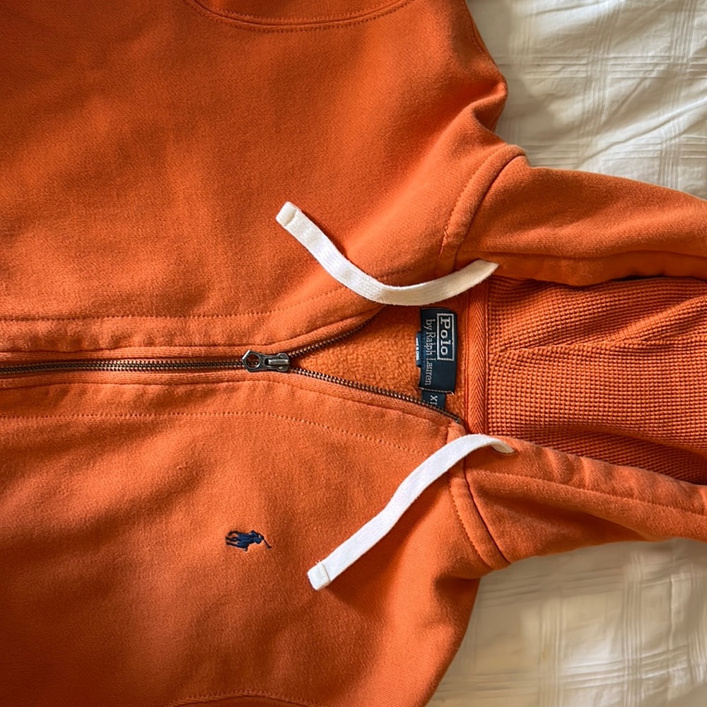 Polo hooded zip up sweatshirt men’s XL in orange blue horse emblem